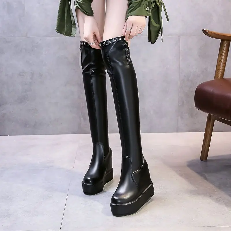 Knee Thigh High New In Women's Boots Genuine Leather Fur Long Shoes for Women Winter 2025 Wedges Chunky Platform Heeled Black - Image 5