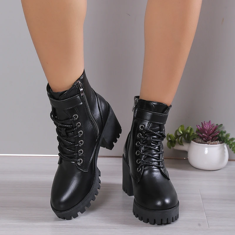 Winter New Fashion Comfortable Elegant Square with Women's Shoes Side Zipper Round Head Solid Color Simple Thick Heel Boots - Image 7