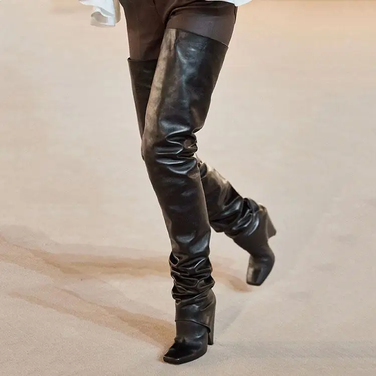 Arden Furtado Brown Patent Leather Tapered heel Over the knee boots Square-head Pleated Slip-on Fashion high heel Knight boots - Image 3