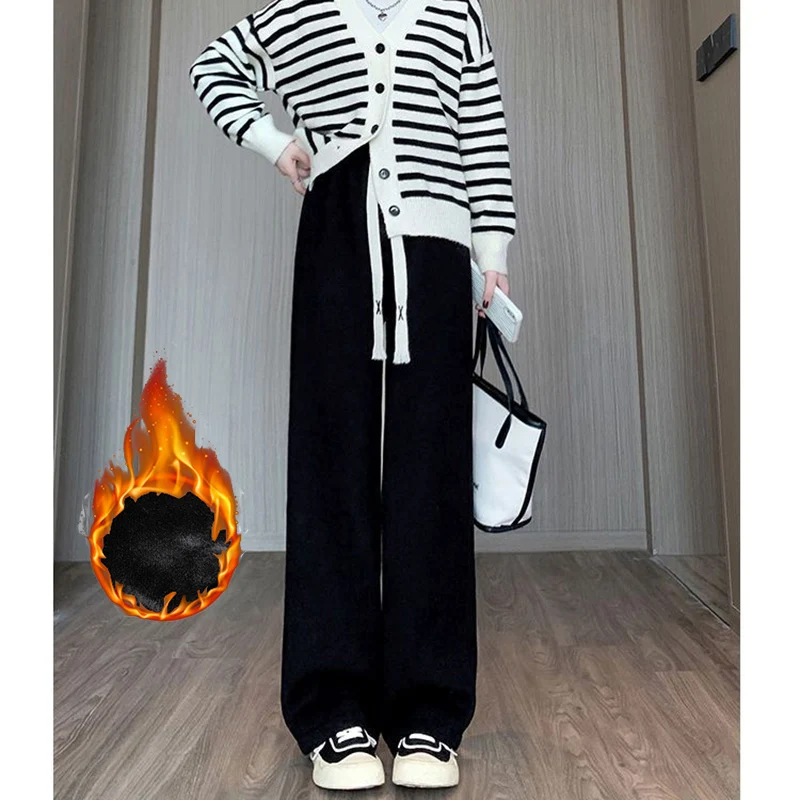 Winter Lady High Waisted Fleece Pants Girls Warm Thermal Straight Leg Trousers Female Classic Solid Drawstring Pants - Image 3