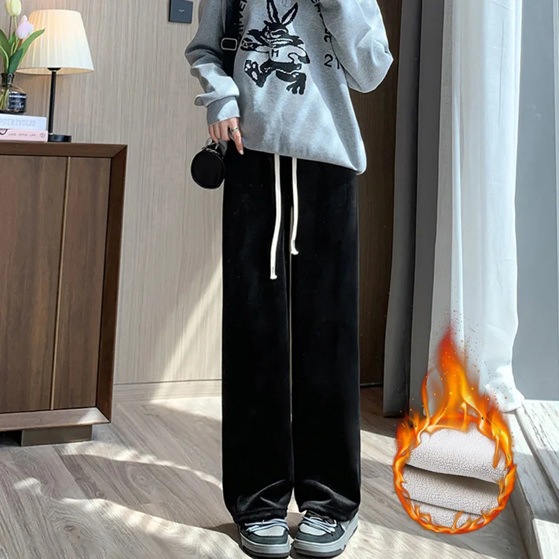 Winter Women Fleece Wide Leg Long Pants Thicken Warm Winter Stright Long Elastic Waist Trousers Casual Loose Female Botton Pants