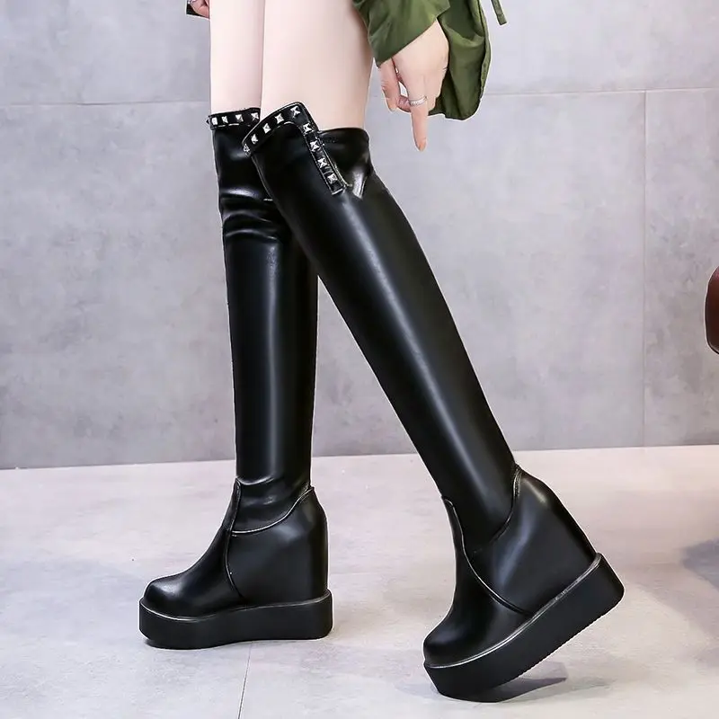 Knee Thigh High New In Women's Boots Genuine Leather Fur Long Shoes for Women Winter 2025 Wedges Chunky Platform Heeled Black - Image 2