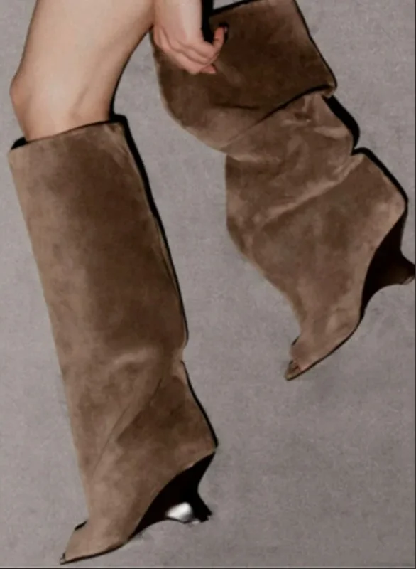 2025 High-quality Peep Toe Women's Knee High Boots Round Toe Wedges Suede Woman Long Boots Party Wedding Versatile Female Shoes - Image 6