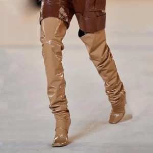 Arden Furtado Brown Patent Leather Tapered heel Over the knee boots Square-head Pleated Slip-on Fashion high heel Knight boots