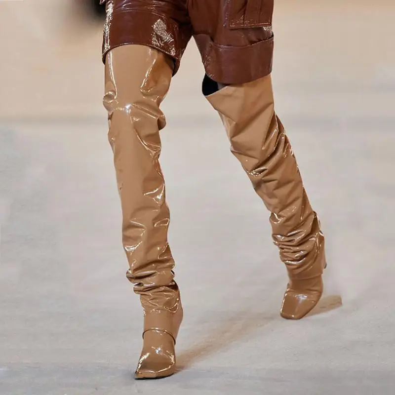 Arden Furtado Brown Patent Leather Tapered heel Over the knee boots Square-head Pleated Slip-on Fashion high heel Knight boots