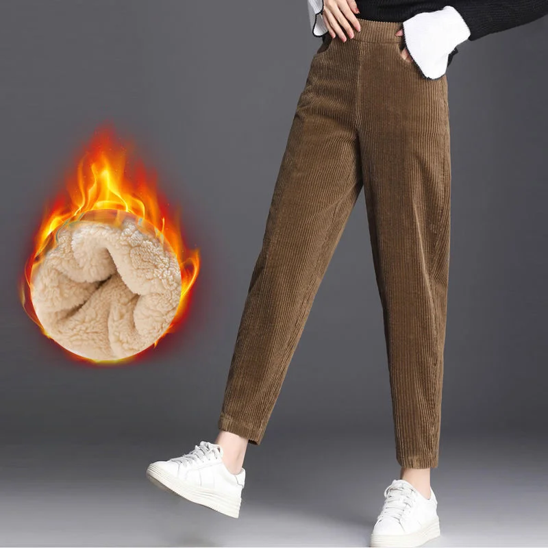 Women Corduroy Warm Pants Thick Plush Casual Pants Autumn Winter Leggings High Waist Harem Pants Trousers - Image 2