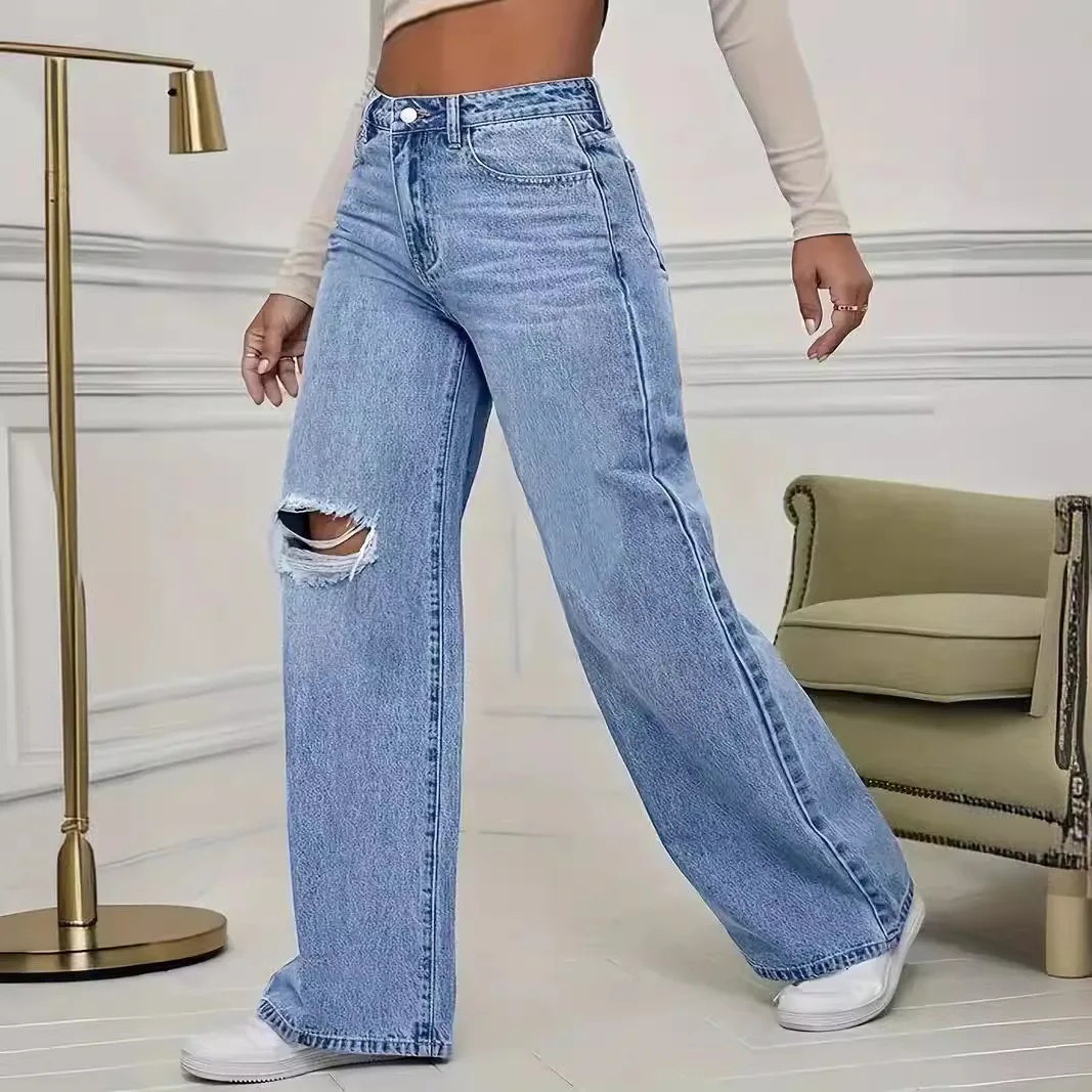 Washed Personality Hole Loose High Waist Denim Wide-leg Pants,Women's Four Seasons New Classic Fashion Casual Floor-length Jeans - Image 5