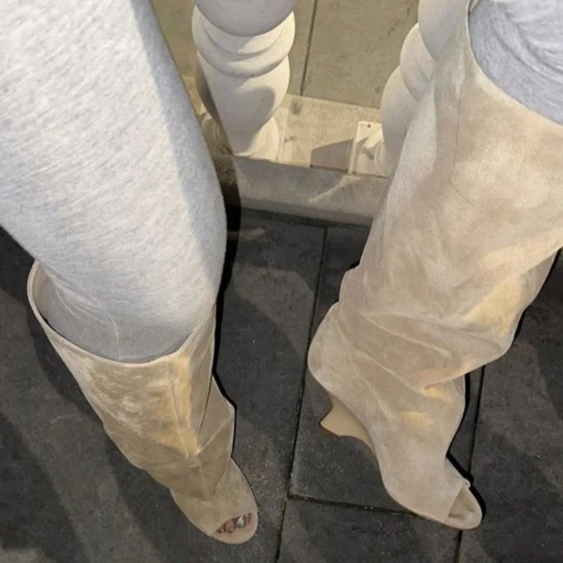2025 New Peep Toe Design Women's Knee High Boots Round Toe Wedges Female Long Boots Stylish Slim Fit Suede Ladies Modern Boots - Image 9