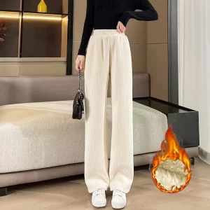 Hot Sale Winter Women High Waist Thermal Pants Girls Plush Casual Straight Leg Trousers Lady Korean Solid Fleece Pants