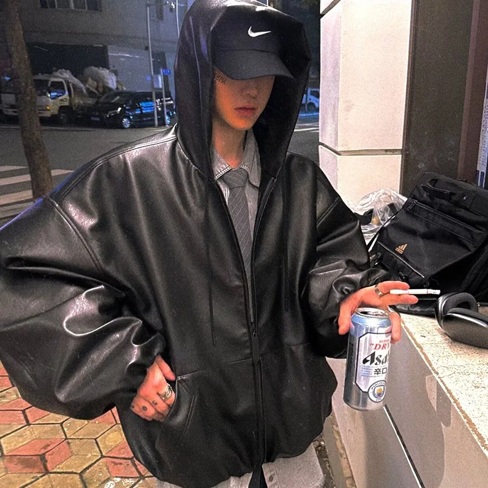 High Street Black Color Pu Leather WIndbreaker Coat Mens and Women Cleanfit Casual Loose Zipper Hooded Jackets Oversized - Image 6