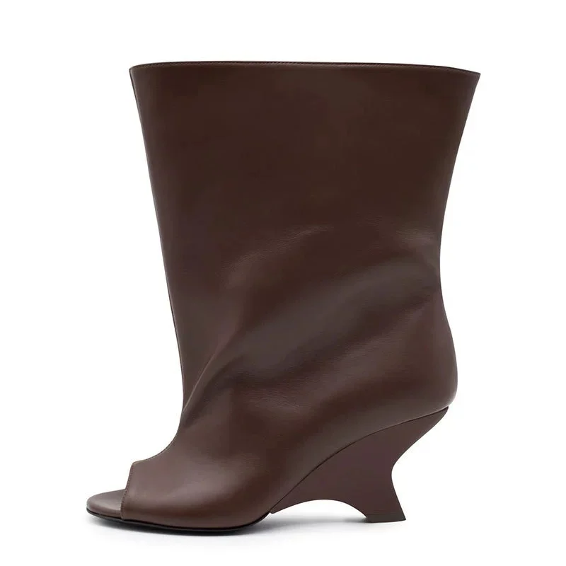 2025 New Peep Toe Design Women's Knee High Boots Round Toe Wedges Female Long Boots Stylish Slim Fit Suede Ladies Modern Boots - Image 7
