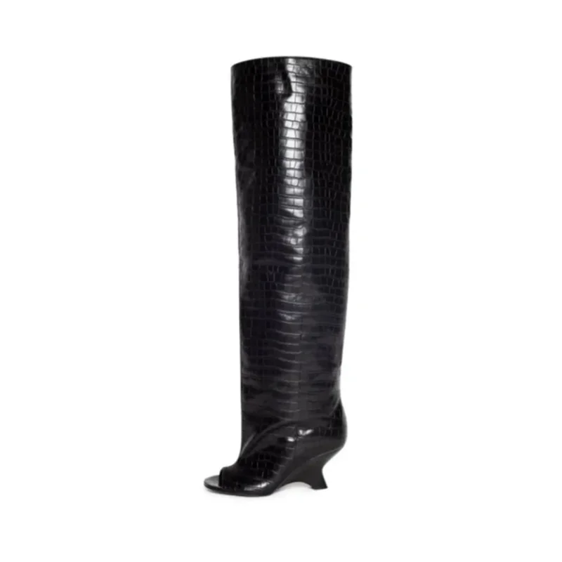 2025 High-quality Peep Toe Women's Knee High Boots Round Toe Wedges Suede Woman Long Boots Party Wedding Versatile Female Shoes - Image 8