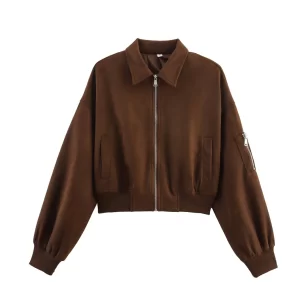 Women Short Suede Bomber Jacket Lapel Long Sleeve Zipper Pocket Cropped Coat Autumn Winter Lady Fashion Casual Jackets Streetwea