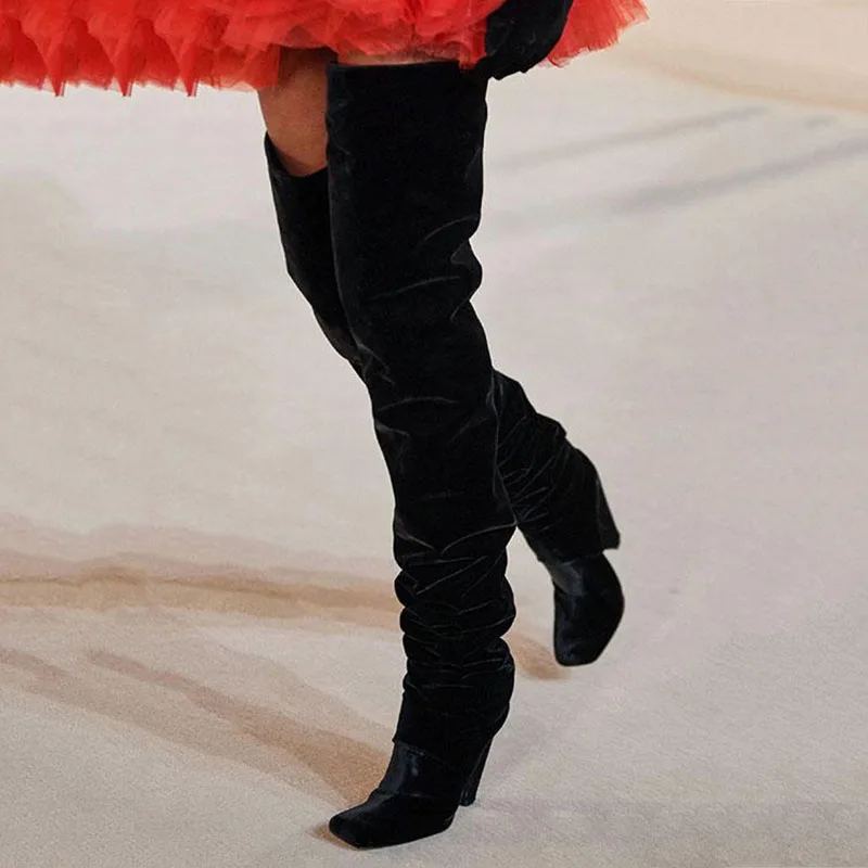 Arden Furtado Brown Patent Leather Tapered heel Over the knee boots Square-head Pleated Slip-on Fashion high heel Knight boots - Image 9