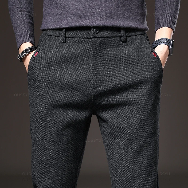 Autumn Men's Casual Pants Business Fashion Elastic Waist Slim Fit Stretch Thick Gray Black Cotton Trousers Male - Image 3