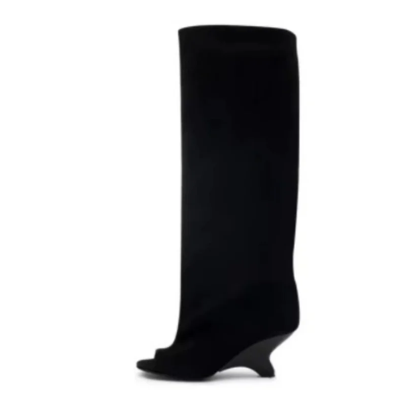 2025 New Peep Toe Design Women's Knee High Boots Round Toe Wedges Female Long Boots Stylish Slim Fit Suede Ladies Modern Boots - Image 6