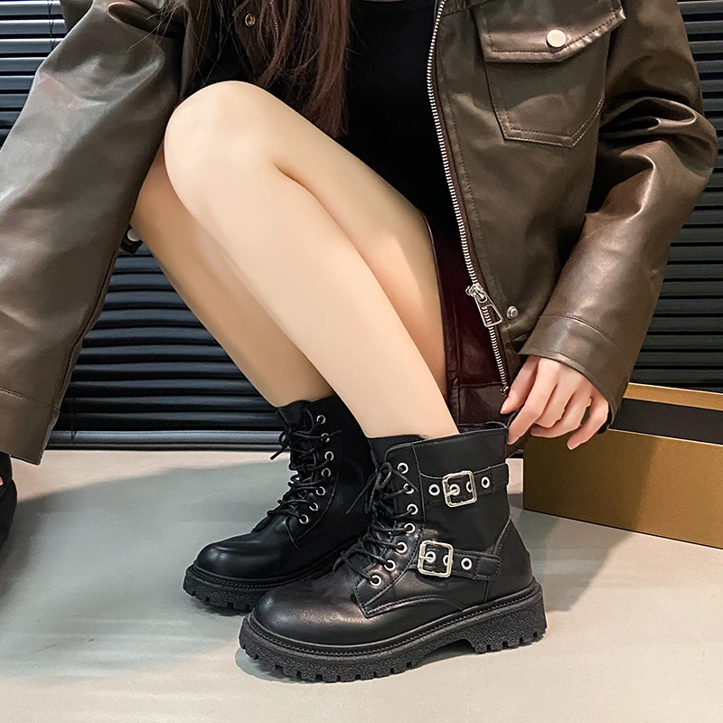 New Round Toe Fashionable Side Zipper Motorcycle Shoes Solid Color Elegant Warm Casual Lace-up Non-slip Women's Boots - Image 4