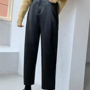 Seoulish Autumn Winter PU Faux Leather Women's Wide Leg Pants High Waist Female Casual Loose Ankle Length Trousers 2023 New