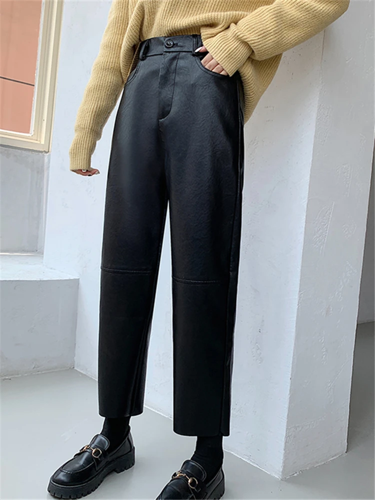 Seoulish Autumn Winter PU Faux Leather Women's Wide Leg Pants High Waist Female Casual Loose Ankle Length Trousers 2023 New