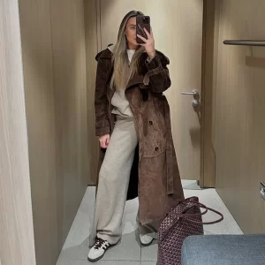 Vintage Suede Long Women's Jackets Fashion Lace Up Lapel Full Sleeve Female Coats 2025 Autumn Winter Double Breasted Lady Coat