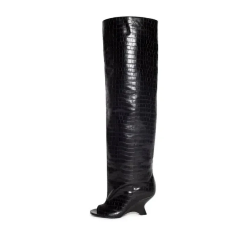2025 New Peep Toe Design Women's Knee High Boots Round Toe Wedges Female Long Boots Stylish Slim Fit Suede Ladies Modern Boots - Image 4