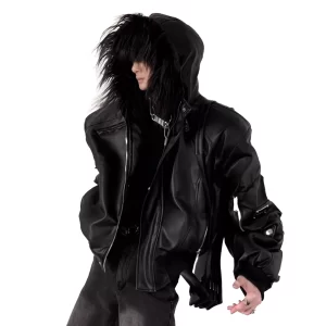 Mauroicardi Spring Autumn Cool Short Oversized Black Warm Pu Leather Jacket Men with Faux Fur Trim Hood Luxury Designer Clothes