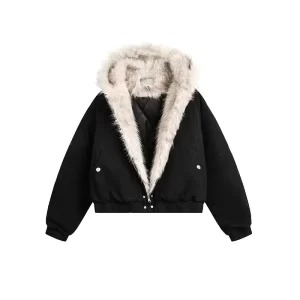 Y2K American Black Retro Wool Collar Thickened Cotton Jacket Men And Women Fashion Punk Vintage Streetwear Loose Casual Jackets