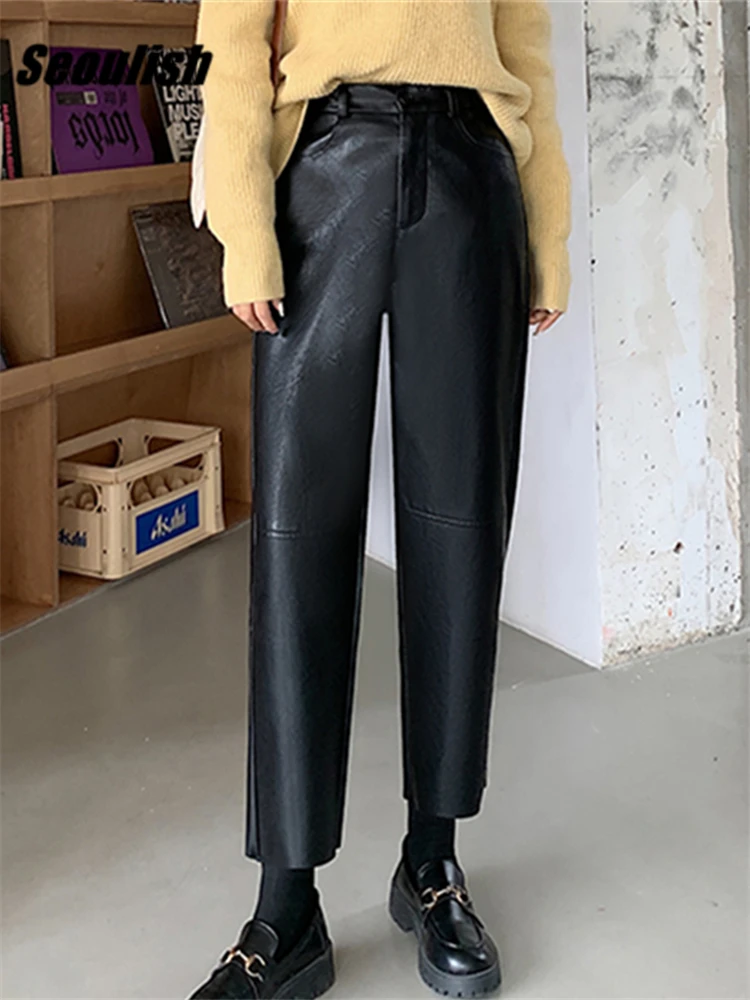 Seoulish Autumn Winter PU Faux Leather Women's Wide Leg Pants High Waist Female Casual Loose Ankle Length Trousers 2023 New - Image 4