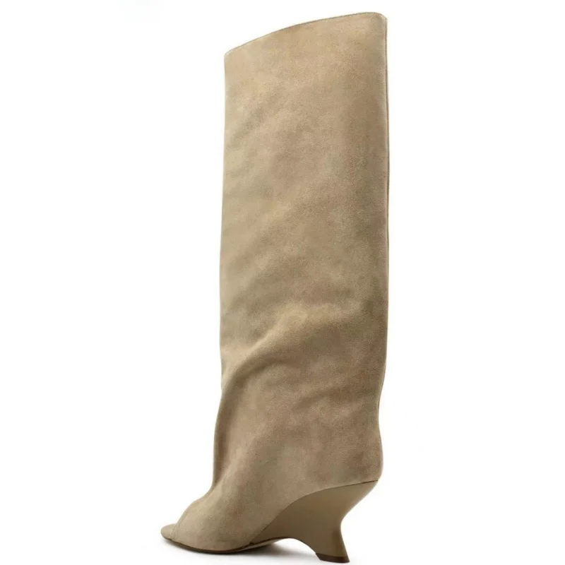 2025 New Peep Toe Design Women's Knee High Boots Round Toe Wedges Female Long Boots Stylish Slim Fit Suede Ladies Modern Boots - Image 11